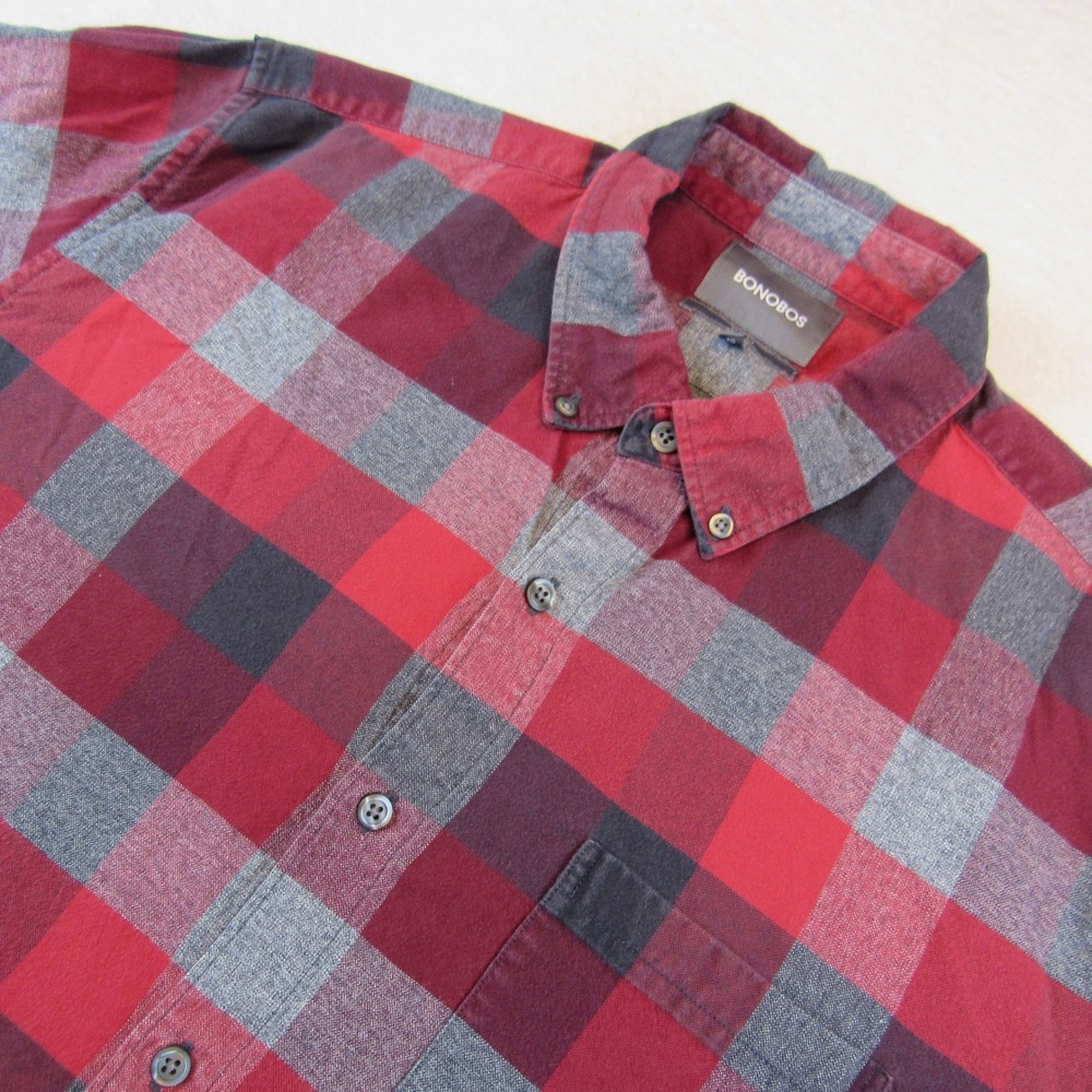 Bonobos Flannel Shirt Mens XL Red/Grey Slim Fit Buffalo Plaid Button Up